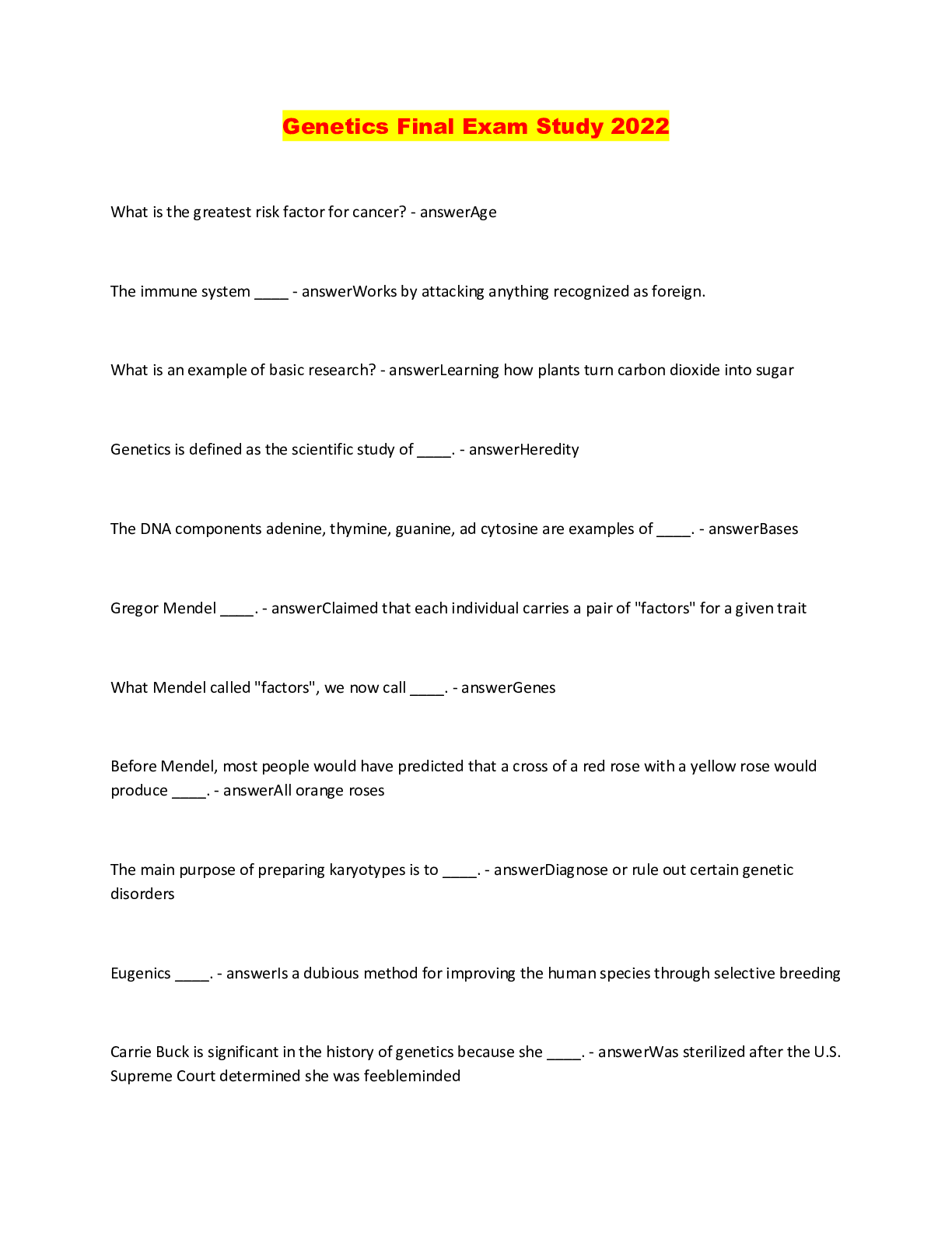 Preview image of Genetics Final Exam Study 2022 document